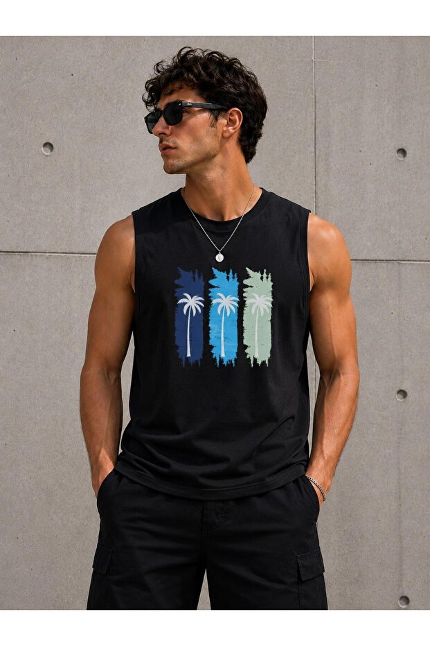 Men's Palm Tree Patterned Zero Sleeve Round Neck Black Sports T-Shirt / Tshirt