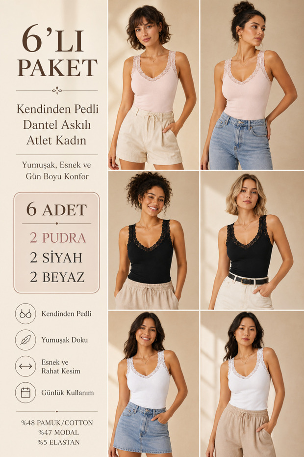 Women's Cotton & Modal Lace Strap Padded 6-Piece Flexible Daily Tank Tops - Gathering 6-Piece Bra Singlet
