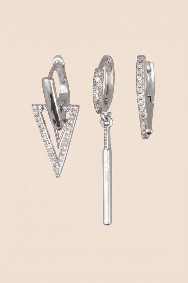 Silver Colored Zircon Stone Triangle and Bar Dangle 3-Piece Hoop Earring Set