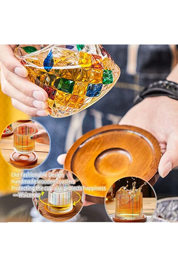 Crystal Glasses with Coasters, Rotatable Drinking Glass Set of 4, Hand-Painted, Embossed Cup