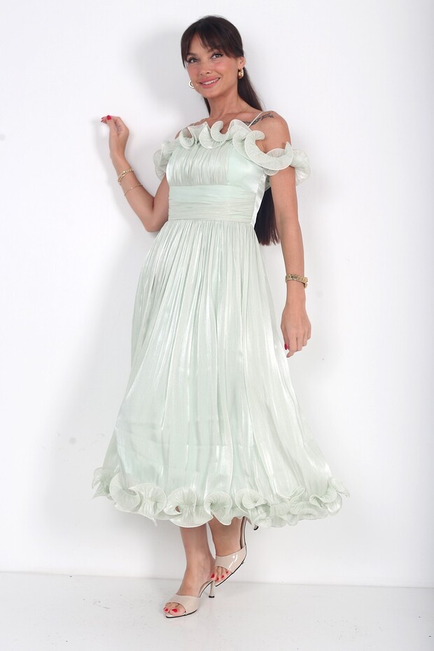 Women's Chiffon Fabric Flounce Detailed Lined Midi Dress