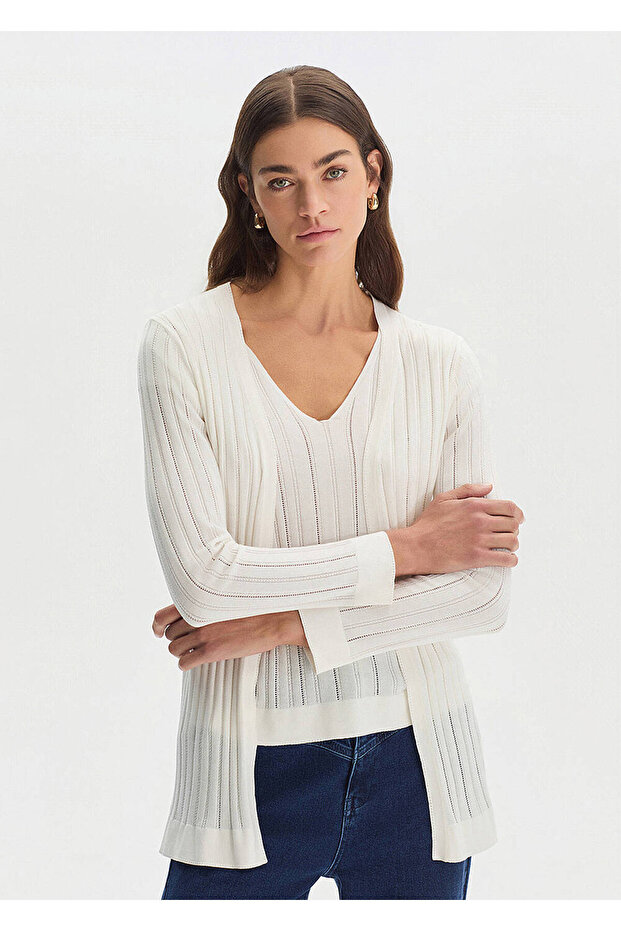 Ecru Silk Blended Knitwear Cardigan