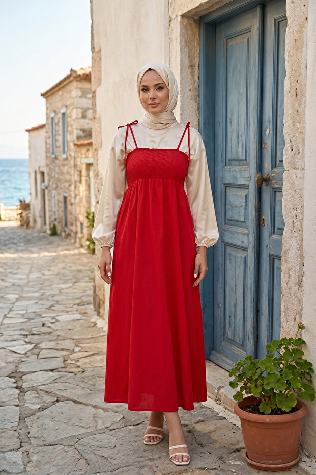 Red Long Cotton Unlined Summer Dress – with Straps