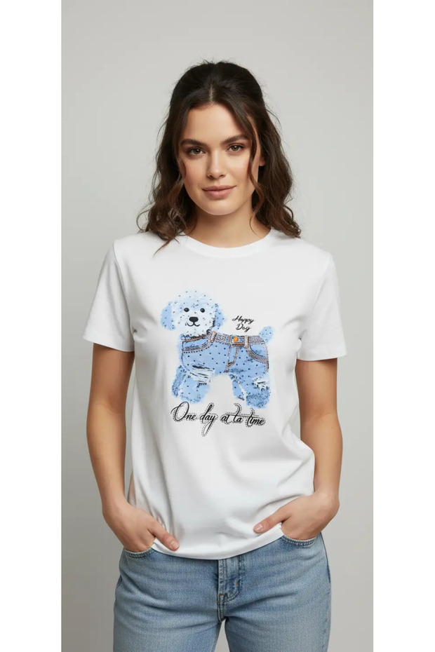 Women's White Crew Neck Stone Embroidered Poodle Dog Printed Cotton T-Shirt