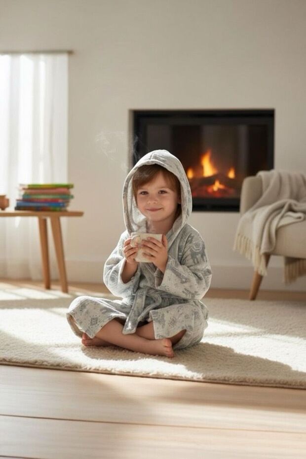 3 Layer Jacquard Muslin Children's Bathrobe 100% Cotton Hooded Blue Llama Pattern