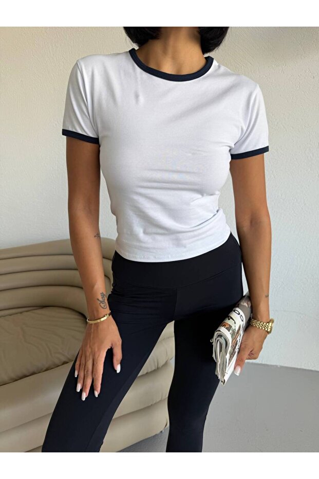 Women's White Short Sleeve Crew Neck Single Jersey Fabric Blouse