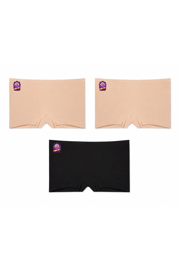 Papatya Women's 2 Pcs Skin 1 Pcs Black Laser Cut Seamless Boxer Panties Slip 3-Pack 2852-Y