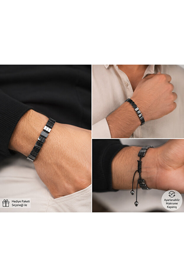 Black & Silver Detailed Hematite Men's Bracelet