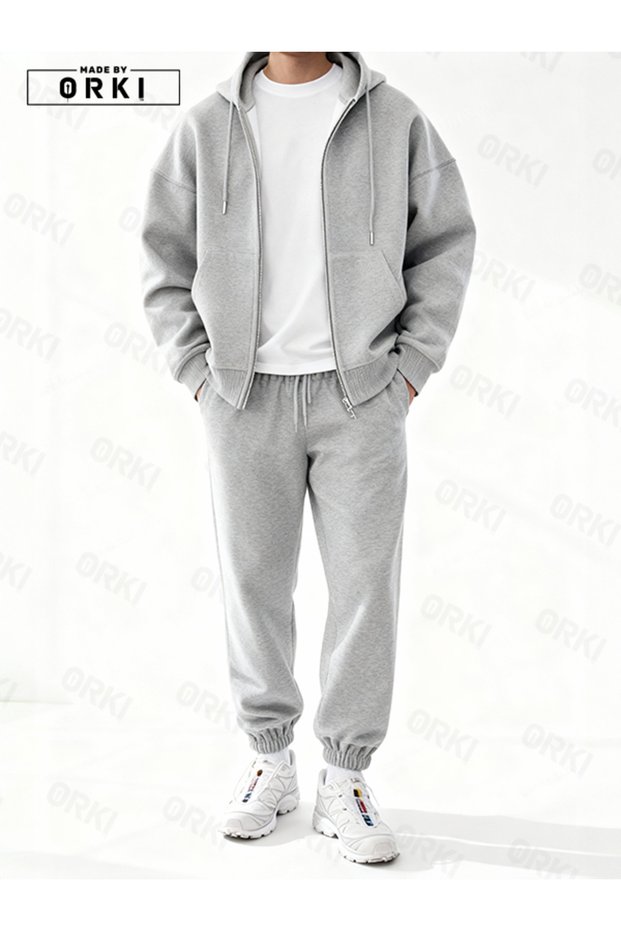 Unisex Large Size Hooded Zippered Tracksuit Set
