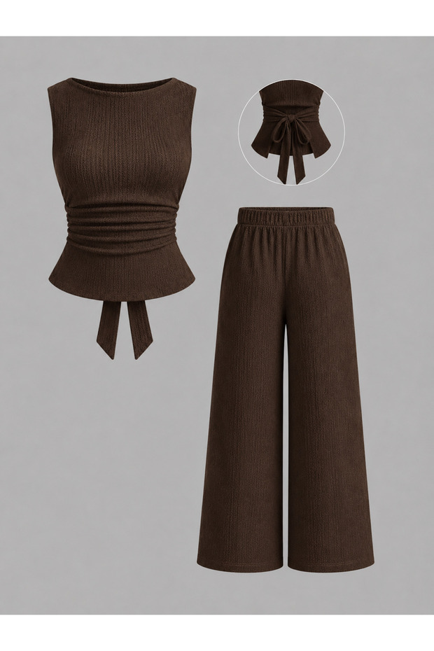 Brown Back-Tie Detailed Sleeveless Boat Neck Top and Bottom Set