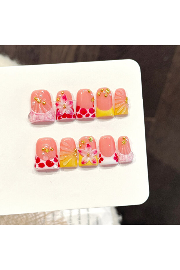 S 10pcs Handmade Duckbill Press on Nails French Artificial Nails With 3D Flowers Decor Elegant Fake.
