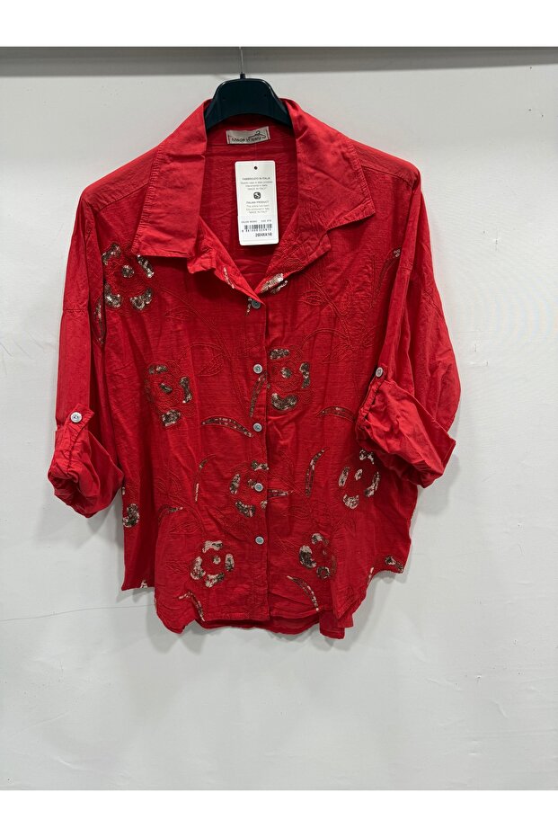 Women's Red Italian Plus Size Floral Embroidered Sequin Embroidered Folded Long Sleeve Shirt 42 - 48 Size