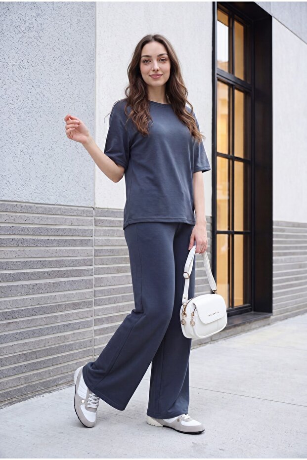 Crew Neck Short Sleeve Trousers with Pockets and Tie-Waist Set - Smoked