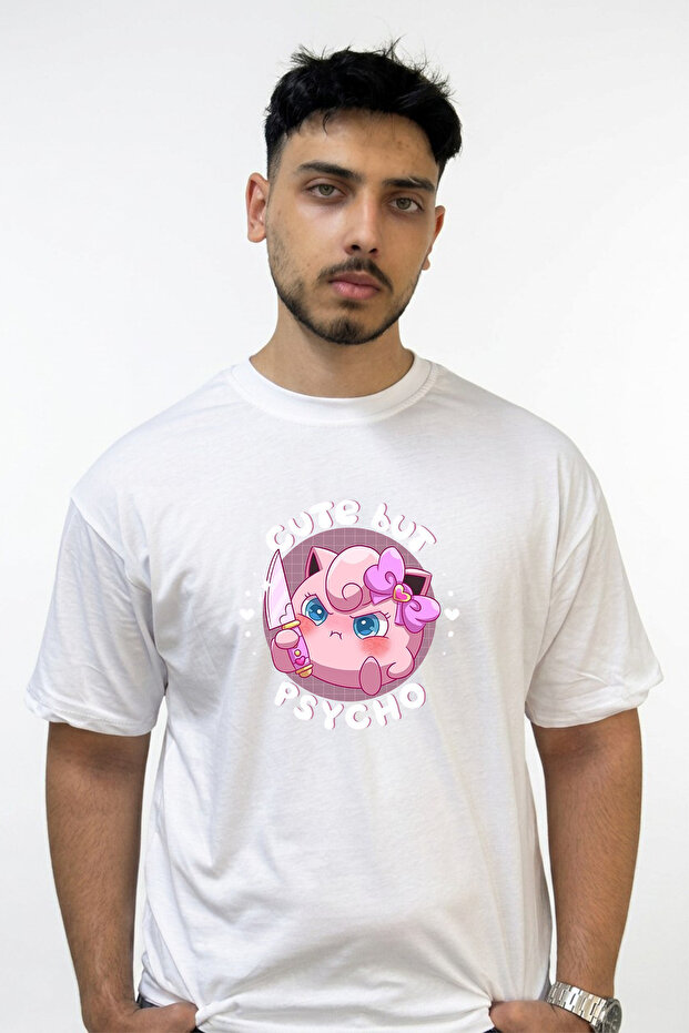 تي شيرت أبيض كبير الحجم مطبوع بتصميم Jigglypuff Psycho Design