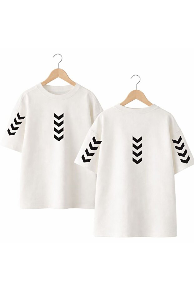 Striped Back and Front Chest Printed 100% Cotton Oversize Loose Regular Fit Crew Neck T-Shirt