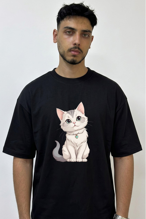 Anime Kedi_2 Design Printed Oversize Black T-Shirt