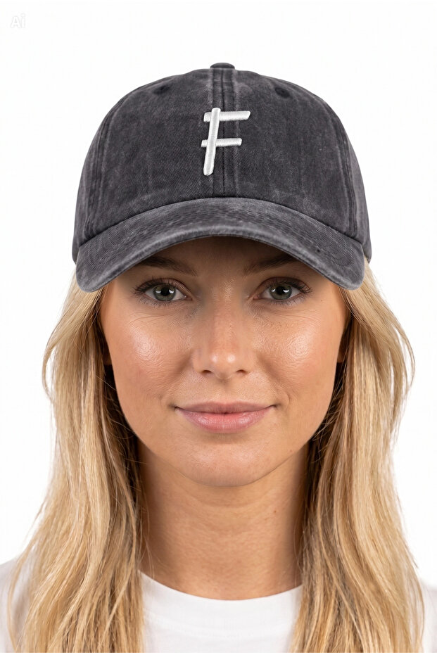 Black Embroidered Washable Vintage Unisex Hat with Letter F