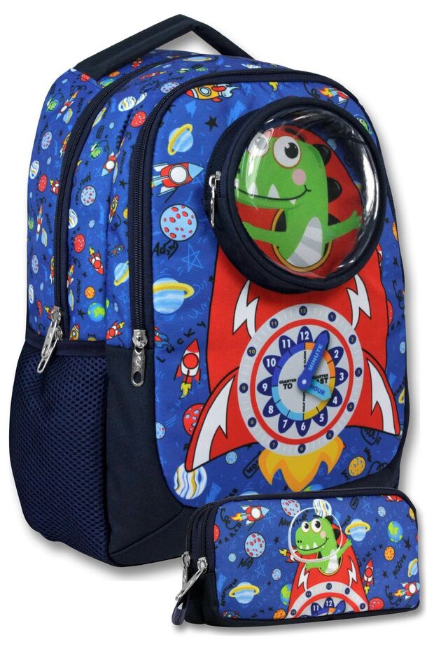 (Navy Blue - Blue) Boys' Dinosaur Printed Primary School Bag and Pencil Case Set with Watch - Setumt6009C