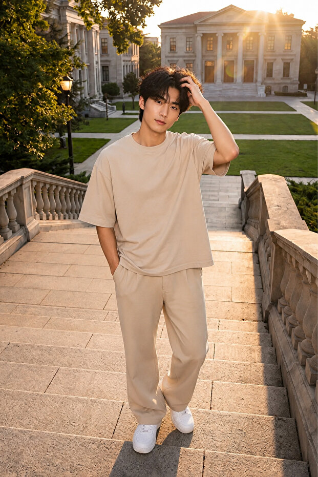 Men's Oversize Summer Tracksuit Set Wide-Legged Bottoms Short-Sleeved Basic T-Shirt Daily Casual Two-Piece Set