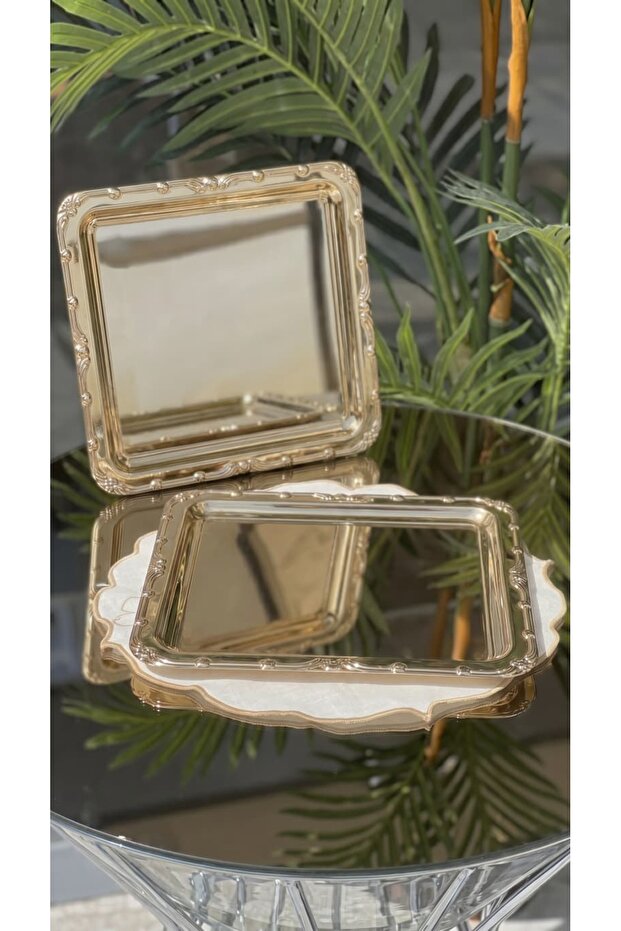 2 Pieces 24X24 cm Gold/Silver Stainless Steel Coffee Presentation Tray | Decorative Square Serving Tray