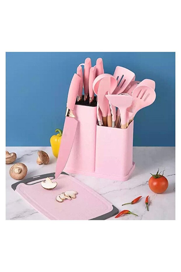 EVRYEALTH 19-Piece Silicone Kitchen Gadget Set with Knife Set, Cutting Board and Storage Bucket. Pink
