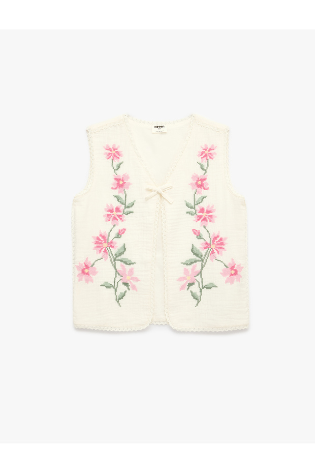 Floral Embroidery Detailed V-Neck Bow Cotton Vest