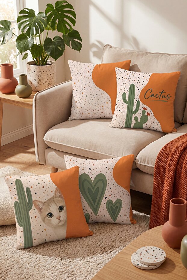 Cactus and Cat Patterned 4-Piece Throw Pillow Cover Set