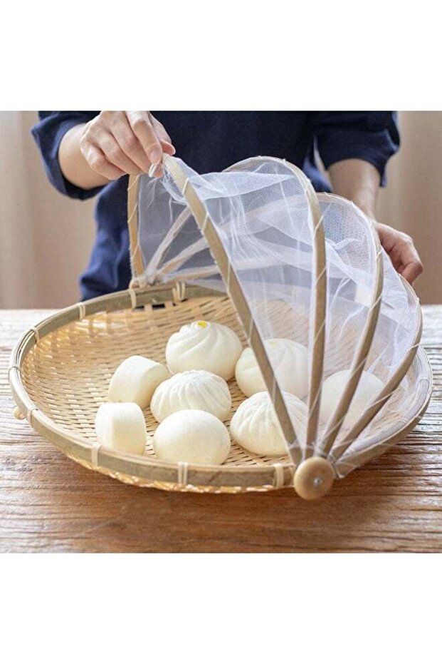 Handcrafted Bamboo Food Tent Basket With Insect-Proof Mesh Cover - Portable & Durable Serving Tray
