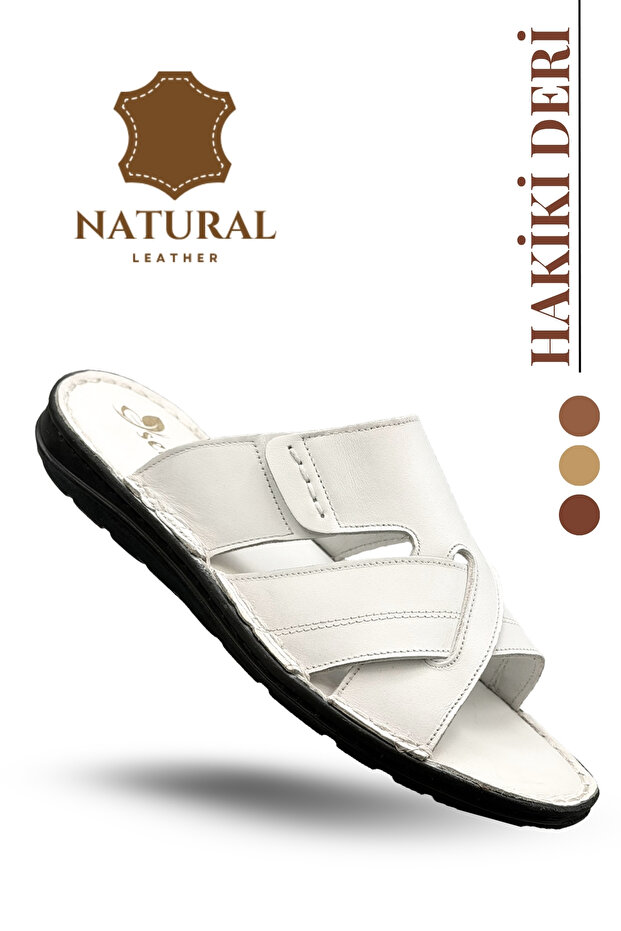 Men's Dei Slippers - Genuine Leather Men's Slippers with Light Soft Soles g White
