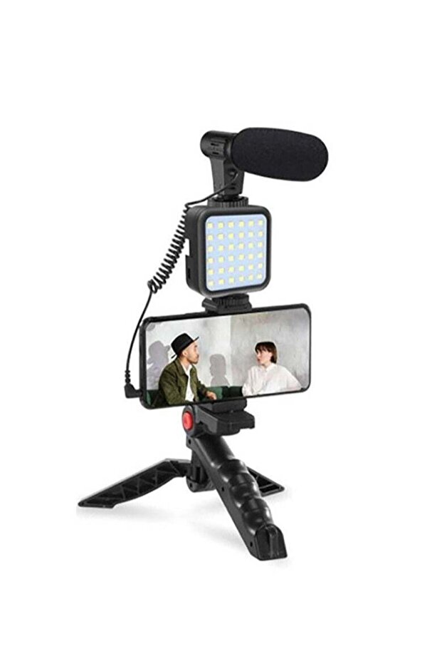 Vlogging Live Streaming Kit With Microphone Tripod Black