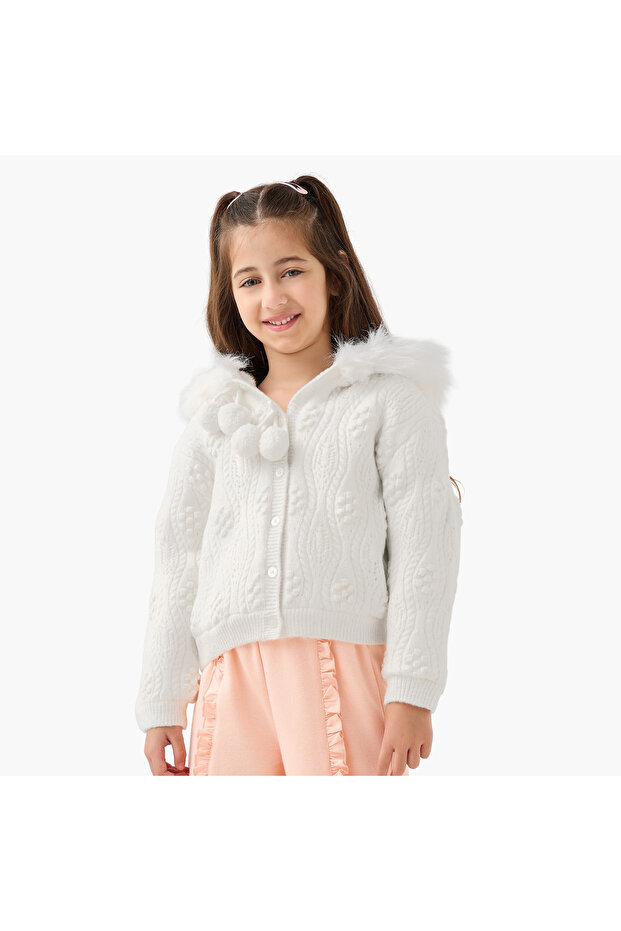 Textured Hooded Cardigan with Long Sleeves