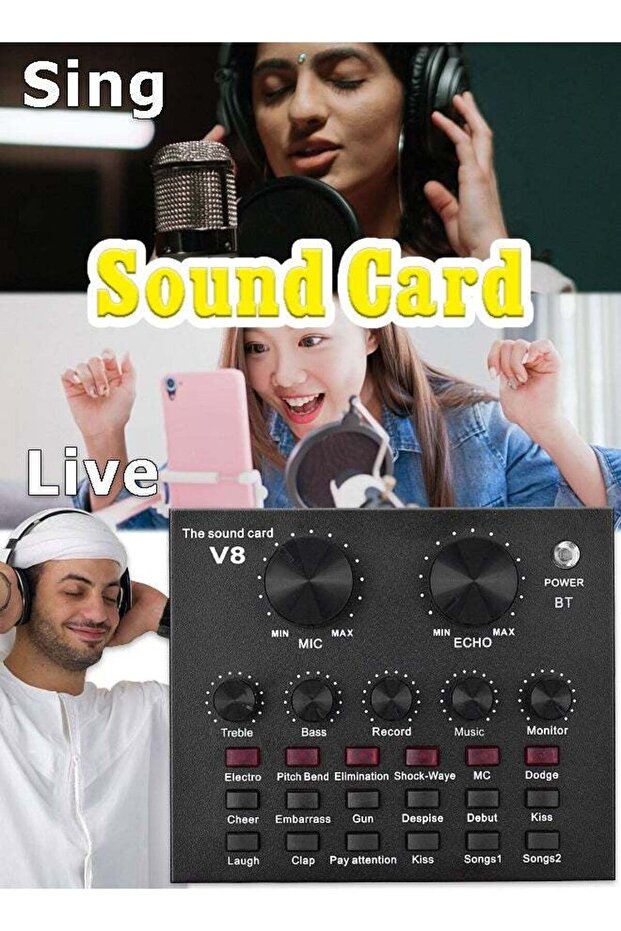V8 Live Sound Card – Intelligent Volume Adjustable Audio Mixer, Voice Changer, Effects, and Music Controller
