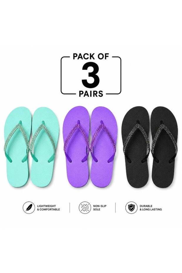 Women's Flip Flops Flat Slippers with Glitter Straps Pack of 3 Black
