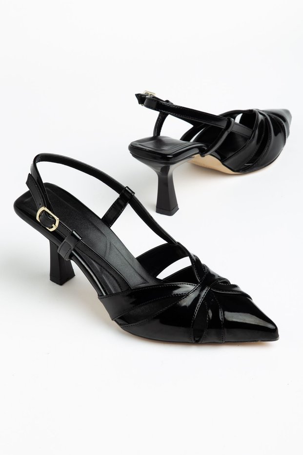 Terra Women's Black Patent Leather Buckle Detailed Thin Heeled Casual Shoes
