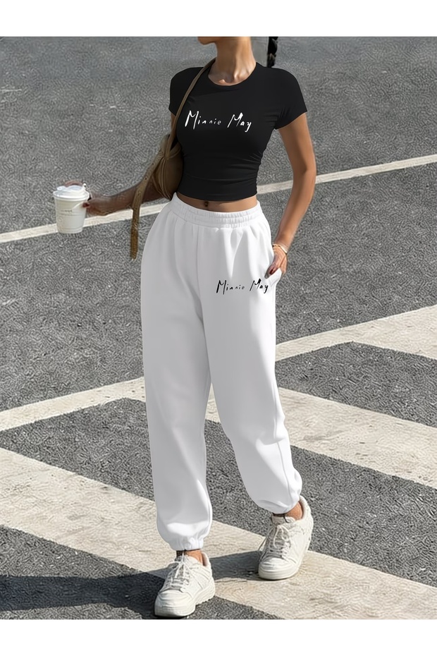 Women's Minniemay Printed Baby Tee Combed Cotton Crop Top and Sweatpants - Two-Piece Tracksuit Set