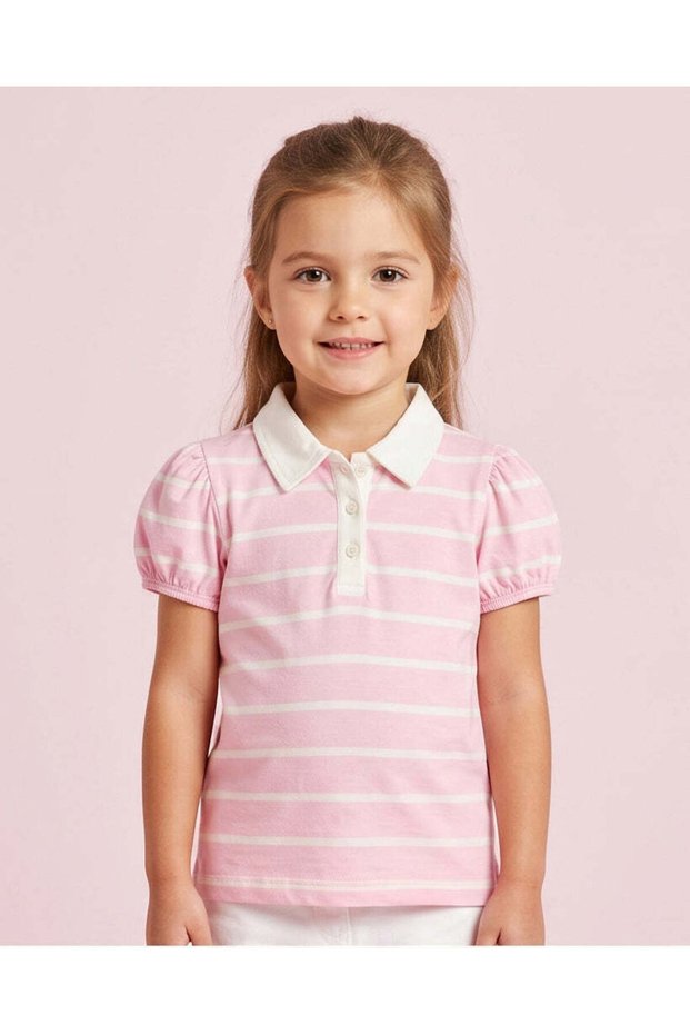 Girls Pink And White Stripe Polo T-Shirt