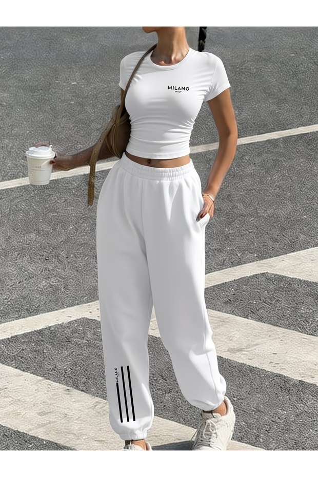 Women's Milano Stripe Printed Baby Tee Combed Cotton Crop Top and Sweatpants - Two-Piece Tracksuit Set