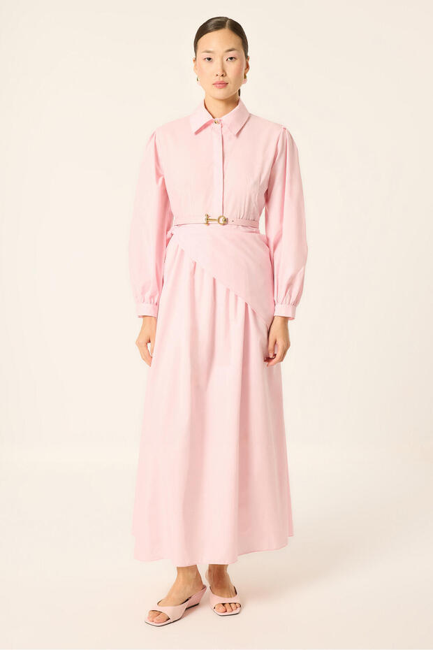 Shirt Collar Belted Scarfed Maxi Dress