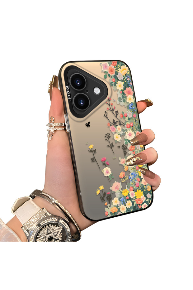 iPhone 16 Plus Compatible Silicone Edge Hard Back Case Couple Phone Case with Floral Pattern