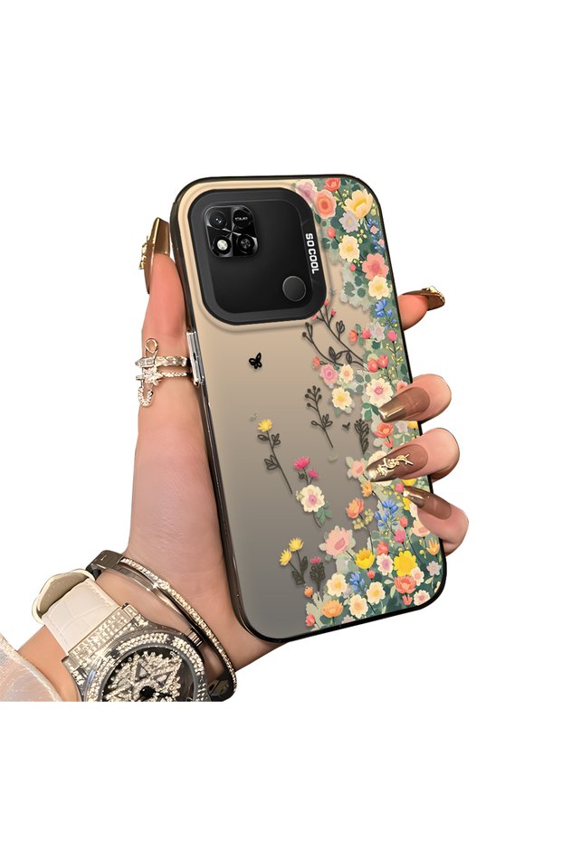 Redmi 9C Compatible Silicone Edge Hard Back Case Couple Phone Case with Floral Pattern
