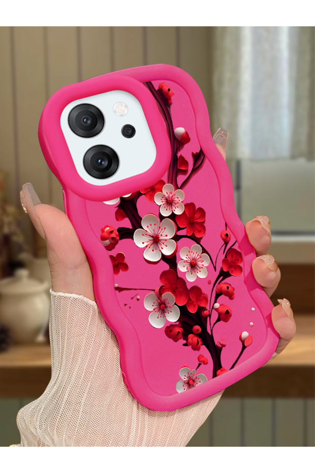 Oppo Reno 14F Compatible Case Camera Protector Red Silicone Couple Phone Case Floral Pattern