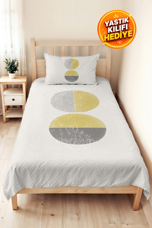 Geometric Yellow Gray Young Room Single Pique Set - Minimal 160X220 cm Quilted Bedspread