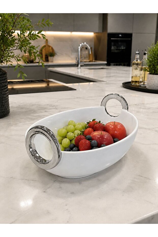 Decorative Oval Porcelain Presentation Bowl White-30/21 cm Tkebt White