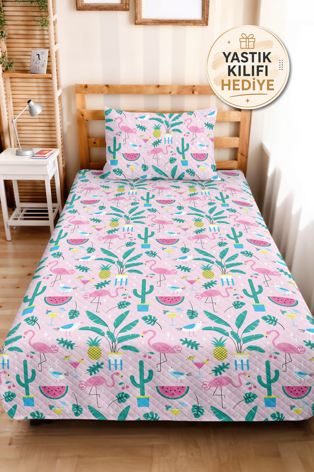 Flamingo Tropical Pink Girls' Pique Set - Cactus Pineapple Mint Baby Room Bedspread 160X220 cm