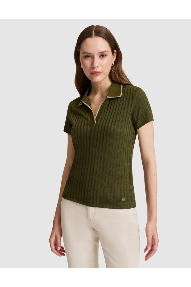 Khaki Slim Fit Polo Collar Basic T-Shirt 50320697-Vr027