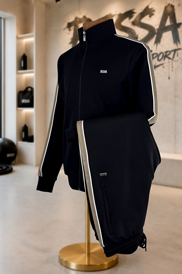 Black Stand Collar Striped Tracksuit Set with Zipper Pockets, Elastic Cuffs, Double Face Fabric for Men