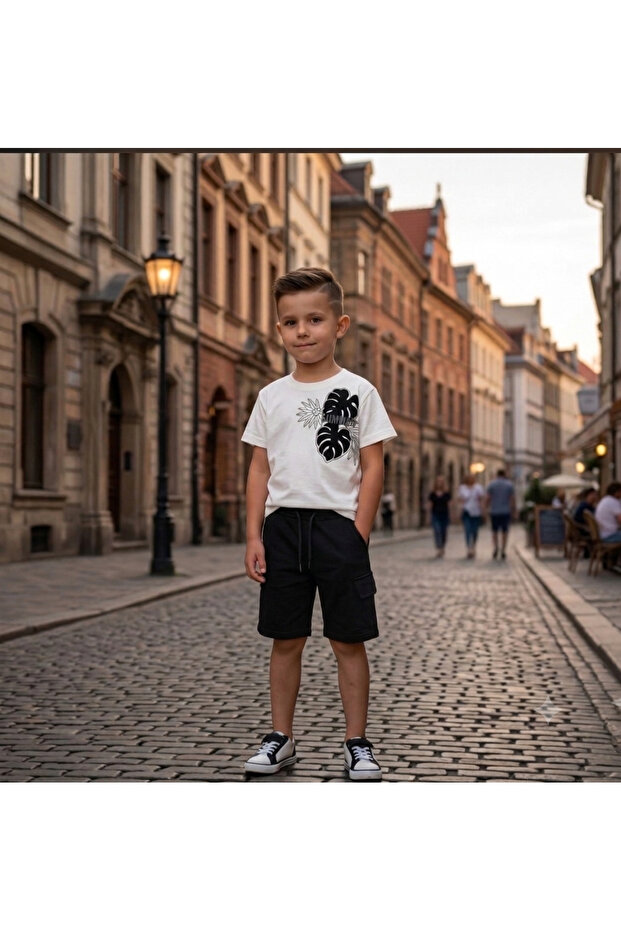 Leaf Patterned Summer Written Cargo Pocket Shorts Top and Bottom Summer Boys' Suit