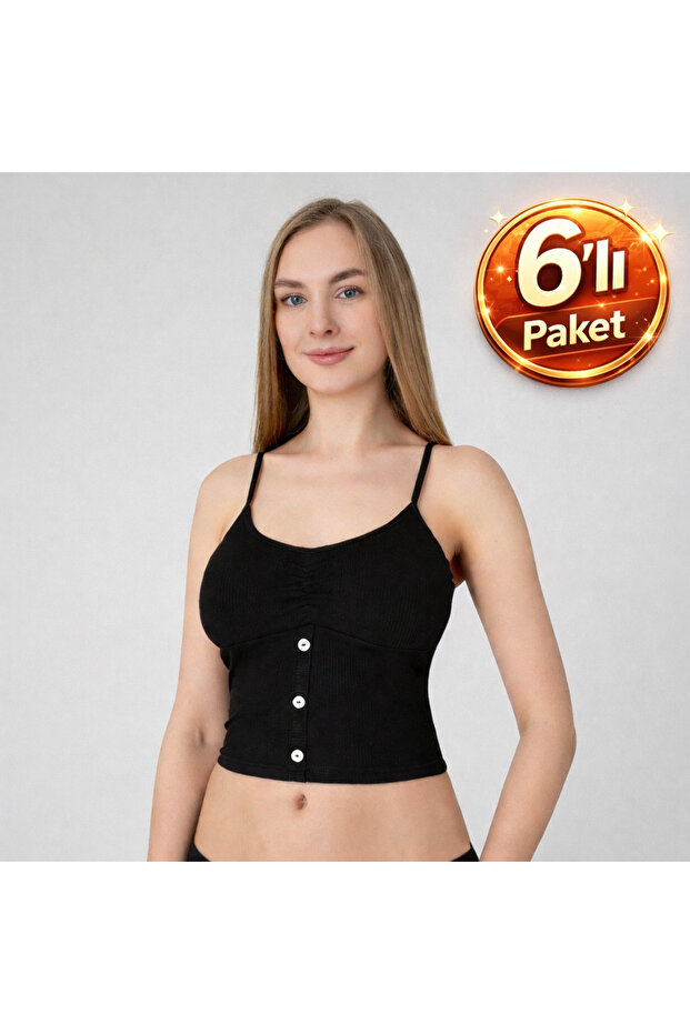 Women's 6-Pack Button Detailed Ribbed Crop Tank Top Set - Black & White