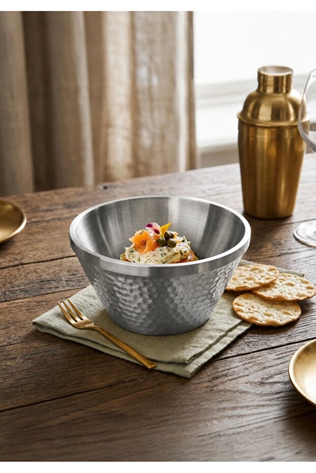 Silver Stainless Steel Forged Patterned Presentation Bowl Salad Fruit Serving Bowl 14 cm
