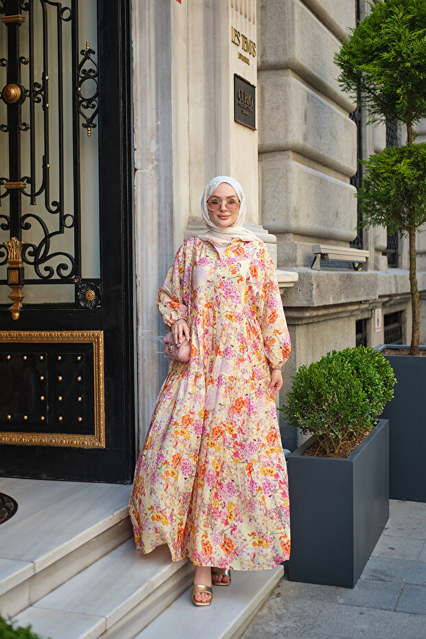 Women's Buttoned Floral Pattern Viscose Dress Yellow